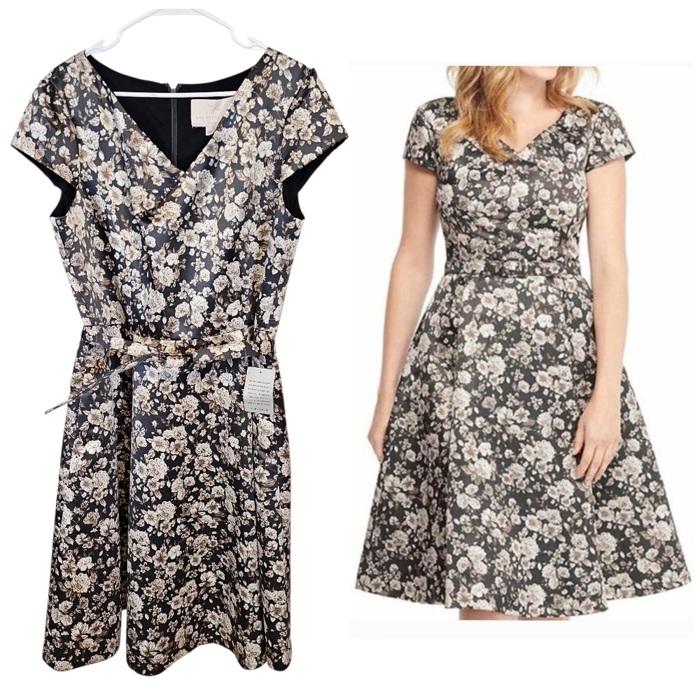 Gal Meets Glam Elle Brightex Duchess Fit & Flare Satin Floral Belted Vneck Dress - Picture 1 of 11